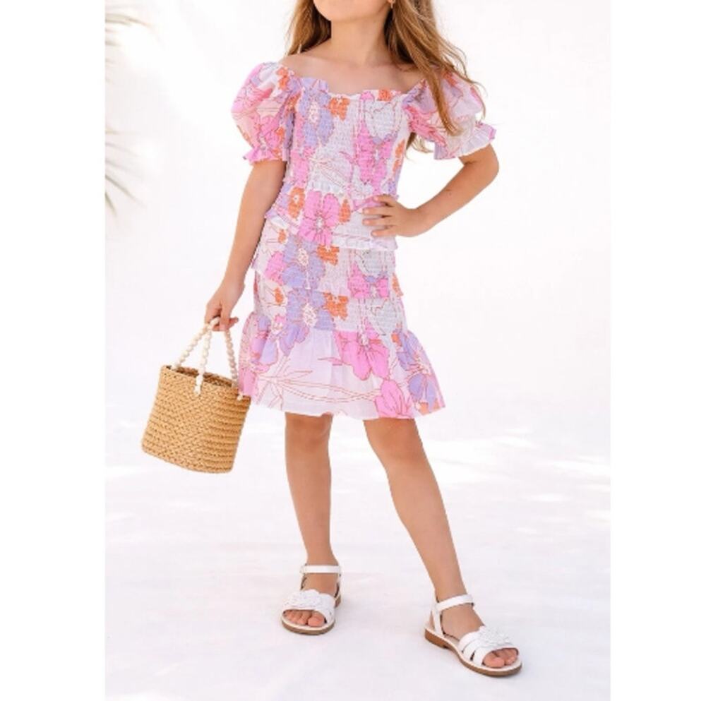 J. Marie Big Girls' Pink White Floral Puff Sleeve Dress Size 14